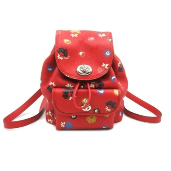COACH Carmine Mini Turnlock Rucksack Wild Prairie Red Floral Pebble Leather - Picture 1 of 9